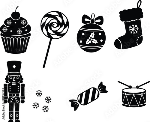 Black and white Christmas icons including nutcracker cupcake lollipop and ornament holiday festive