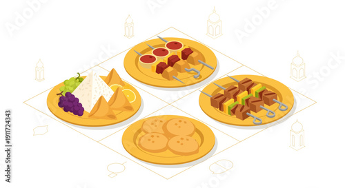Isometric Arabic Food Set Illustration with Meat Kebabs Samosa and Traditional Cookies for Ramadan Iftar Party