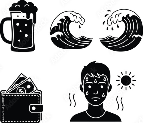 Black and white icons of beer mug waves wallet and sweating man under sun Keywords: beer, mug, waves, ocean, sea, wallet, money