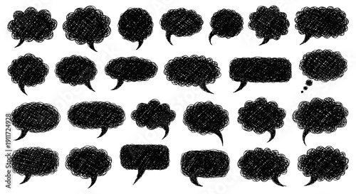 a diverse set of scribbled hand drawn speech bubbles and thought clouds in a doodle style ideal for illustrating communication dialogue and ideas.