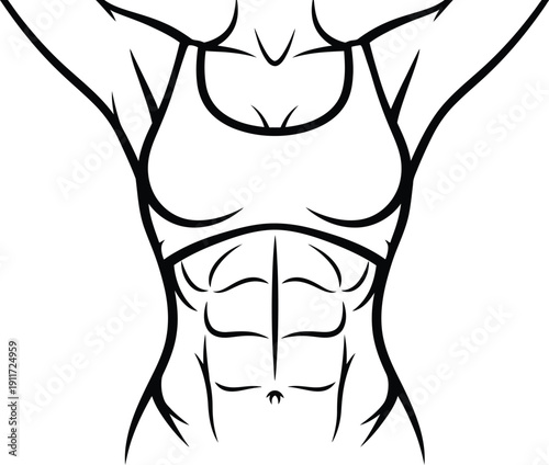 Line drawing of a woman's fit torso with defined abdominal muscles and sports bra