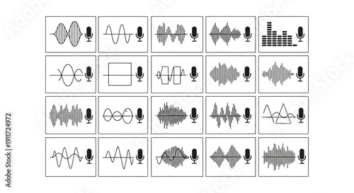 audio waveforms and sound signals with microphones visualizing voice recognition digital audio and communication tech interface.