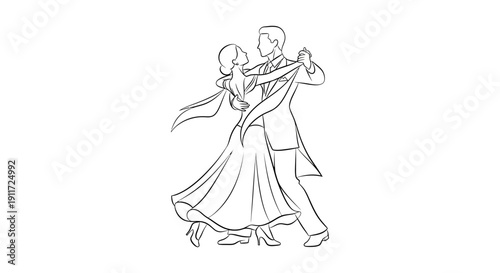 ballroom dancing couple gracefully waltzing an elegant formal line art illustration for wedding and romantic events.