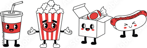 Cartoon Fast Food Characters With Happy Sad Expressions On White drink soda