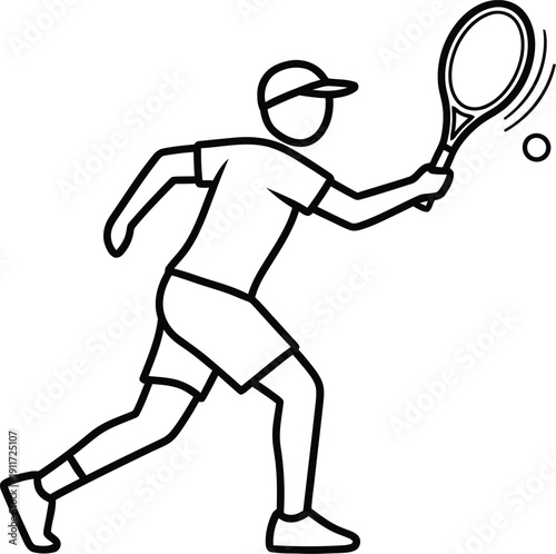 A black and white line drawing of a male tennis player in action hitting a ball with a racket