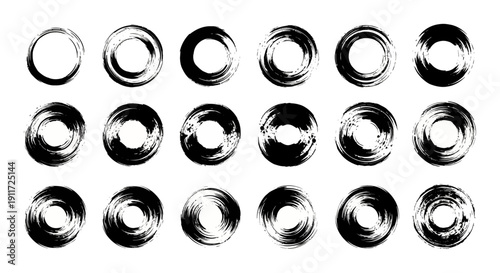 abstract black ink brush stroke circles enso symbols minimalist collection on white for logos branding zen design.