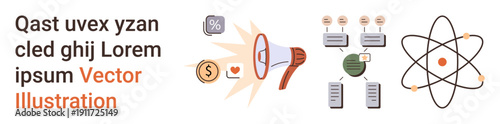 Digital marketing, communication, analytics, data sharing, business promotion, science. Loudspeaker with icons thumbs up dollar sign, connections and atom symbol. Digital marketing and communication