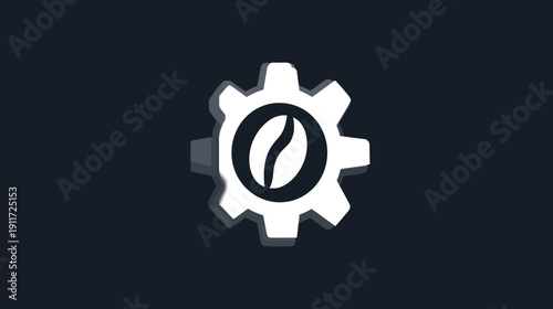 A white gear icon encasing a coffee bean shape. The overall image has a dark blue gradient background