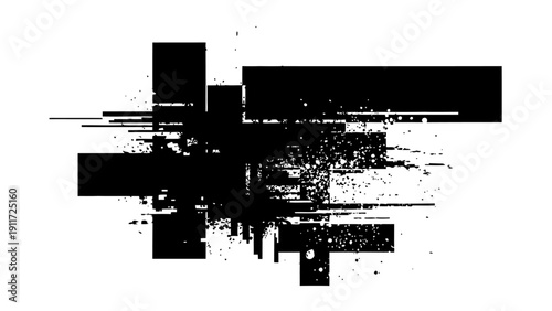 abstract black glitch art graphic with fragmented forms and grunge texture for a modern digital disruption theme.