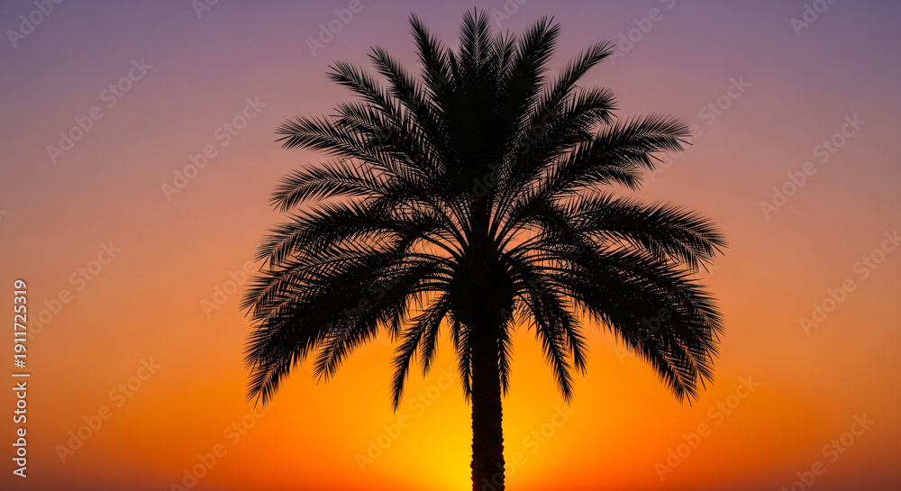 Fototapeta premium Stunning Palm Tree Silhouette At Sunset Showcasing A Beautiful Gradient Sky Transitioning From Purple To Fiery Orange