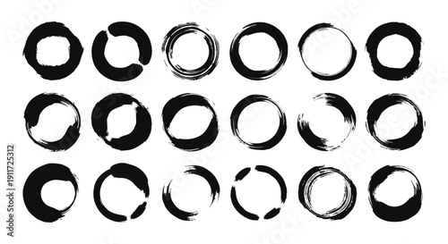 hand drawn brush stroke circles black enso rings with varied textures on white ideal for abstract art and graphic resources.