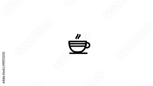 A simple, minimalist black and white icon depicting a steaming cup of beverage. The cup has a handle