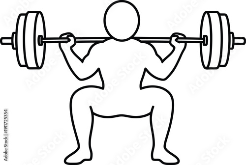 A simple black and white line drawing of a person performing a barbell squat exercise