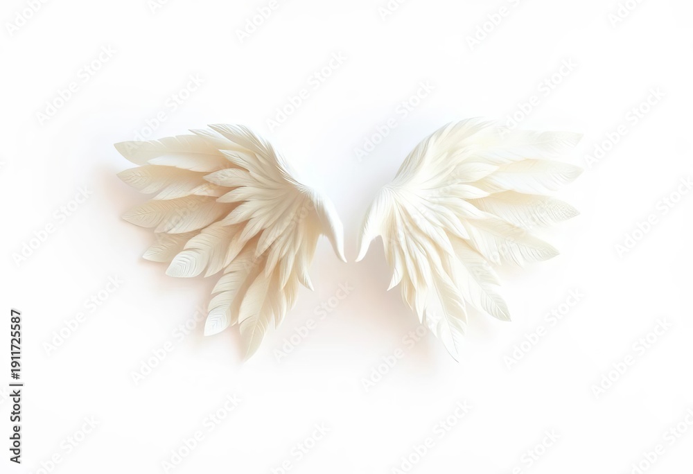 Fototapeta premium Delicate, miniature white angel wings, softly feathered, isolated on white background, pastel, white background