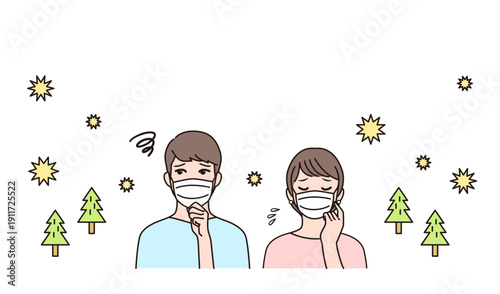 花粉症状で悩むマスクを着用した男女のイメージイラスト素材