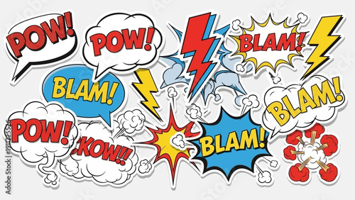 vibrant retro pop art comic book sound effects featuring dynamic speech bubbles like pow blam and kow with lightning and explosions depicting action and impact for design projects.