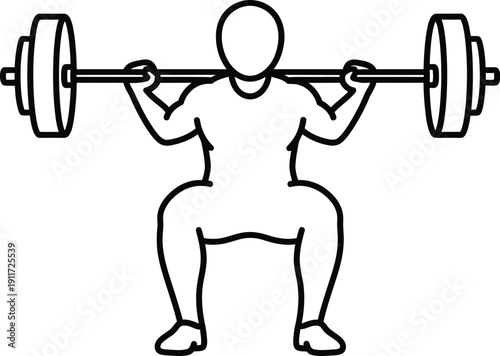 Simple black and white line art illustration of a person doing a back squat with a barbell.