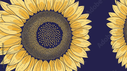 vibrant stylized sunflower pattern with bright yellow petals and intricate dotted centers blooming on a dark blue background.