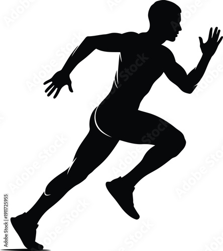 Black silhouette of a male athlete sprinting forward on a plain white background