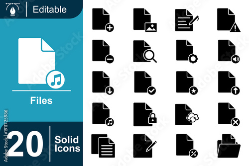Editable solid icons set for files, documents, and data management on a blue background