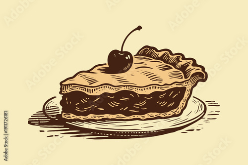Slice of cherry pie topped with a cherry, drawn in vintage engraving style on beige background, concept of dessert, bakery, sweet food