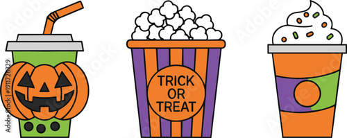 Halloween Themed Drinks And Popcorn With Pumpkin Design vector illustration