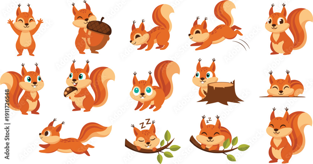Fototapeta premium Cute Cartoon Squirrel Activity Vector Set with Forest Rodent Running Jumping Sleeping and Holding Acorn Isolated on White Background.