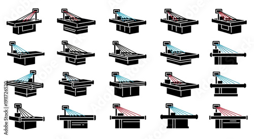This image features a professional collection of isometric conveyor belt and production line icons designed to represent industrial automation, factory systems, manufacturing workflow, and assembly li