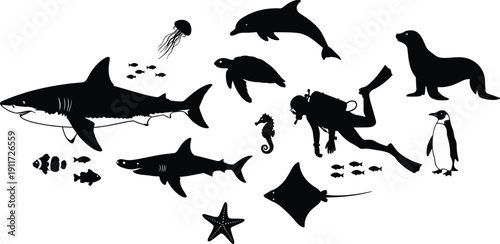 Marine Animal Silhouettes Collection, Shark Dolphin Turtle Diver and Sea Life Vector Illustration Isolated on White Background for Ocean Wildlife Design