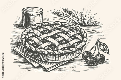 Hand-drawn sketch of a cherry pie with lattice crust, cherries, and jar on rustic wood table background, concept of homemade baking tradition