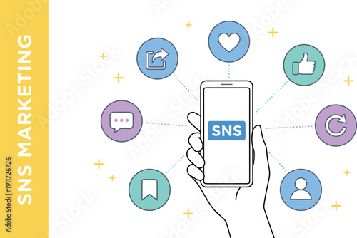SNS Marketing Concept Illustration with Hand Holding Smartphone and Social Media Icons for Like, Share, Comment, Follow, Heart, and Bookmarking Symbols