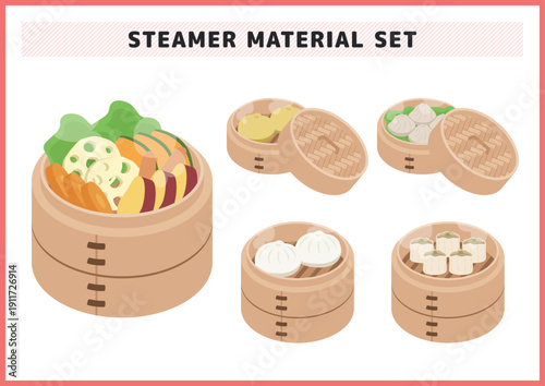 点心と蒸し料理のイラストセット セイロに入った肉まん 焼売 カレーまん 小籠包 温野菜のベクター素材