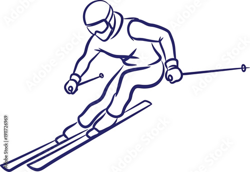 A blue line drawing of a downhill skier in a crouched position on a white background.