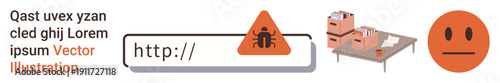 Cybersecurity, malware threats, online safety, data security, e-commerce risks, and digital communication. Warning triangle with bug symbol, boxes on a table and neutral emotion face. Cybersecurity