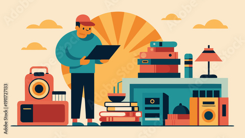 Illustration of a young man standing with a tablet surrounded by colorful books, a camera, and various objects on a desk with a sunburst background