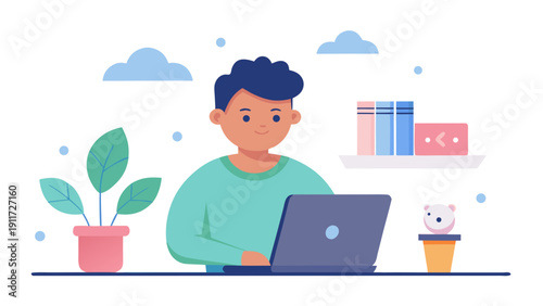 Young male character with dark hair working on a laptop at a desk with a plant, books, and a decorative cup in a bright, modern workspace