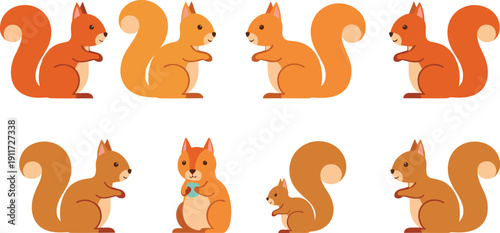 Cute Cartoon Squirrel Vector Collection with Forest Rodent in Different Side View Poses Isolated on White Background.