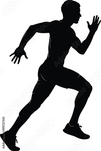 Silhouette of a male athlete sprinting forward with high intensity on a plain white background