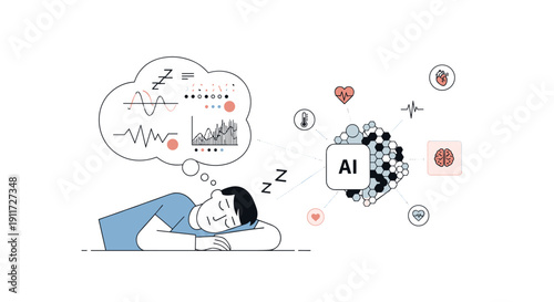 A person sleeping peacefully while dreaming about complex data analysis, artificial intelligence, and innovative technological solutions.