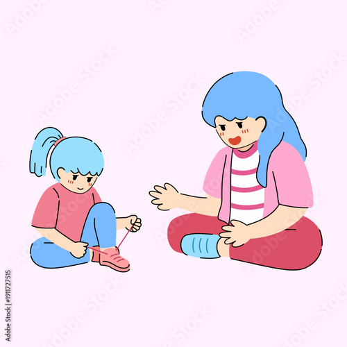 Vector of a mother teaching her little daughter how to tie shoelaces. Perfect for Mother’s Day, parenting content, childhood education materials, greeting cards, posters, and family concept designs.