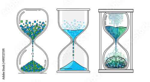 Three distinct hourglass illustrations depicting the abstract concept of time passing, digital transformation, and the flow of information.