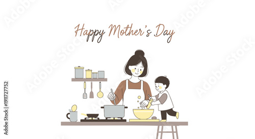 Mother and child cooking together in kitchen with Happy Mother's Day text