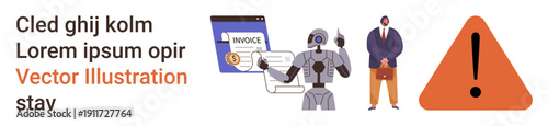 Artificial intelligence, business automation, data analysis, financial services, cybersecurity, and warnings. Robot scanning an invoice, alert symbol and professional person. Automation
