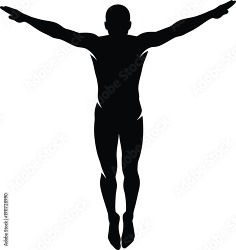 Silhouette of a male swimmer or diver with arms outstretched against a white background