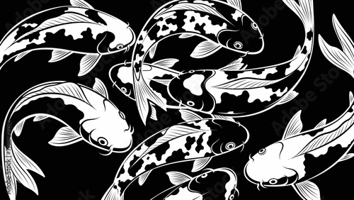 Koi fish illustration black and white pattern seamless design vector