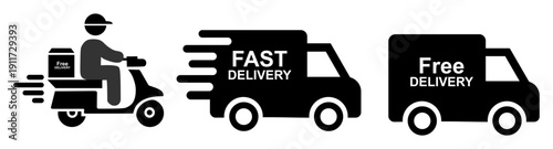 Fast delivery icon set. Free shipping, express delivery, 24 hours, fast van. Truck symbol on white background