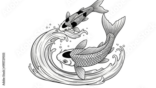 Koi fish illustration two fish swimming in waves monochrome art