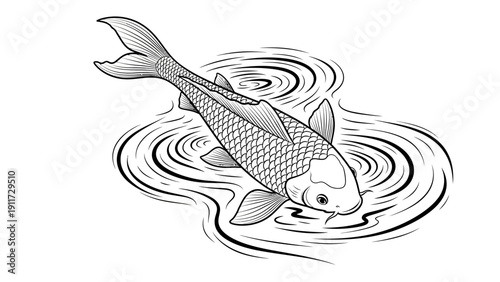 Koi fish illustration swimming in water with ripple effects in black and white