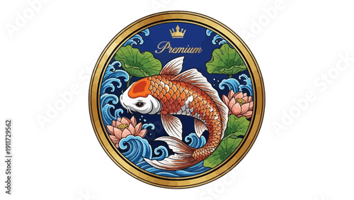 Koi fish illustration vibrant aquatic artwork in circular decorative design