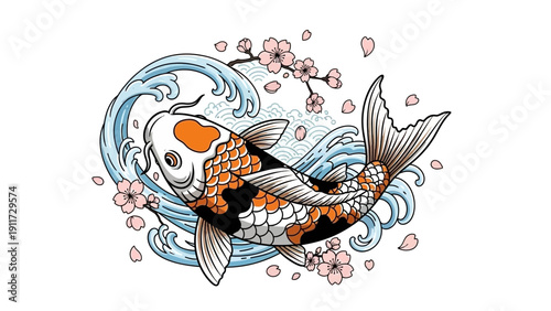 Koi fish illustration with cherry blossoms and wave on white background